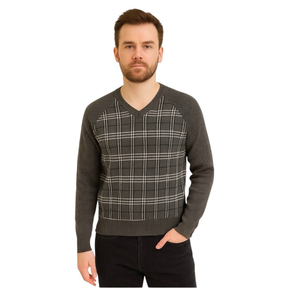 Alfani Men’s Large Gray Plaid V Neck Cotton Sweater Business Casual